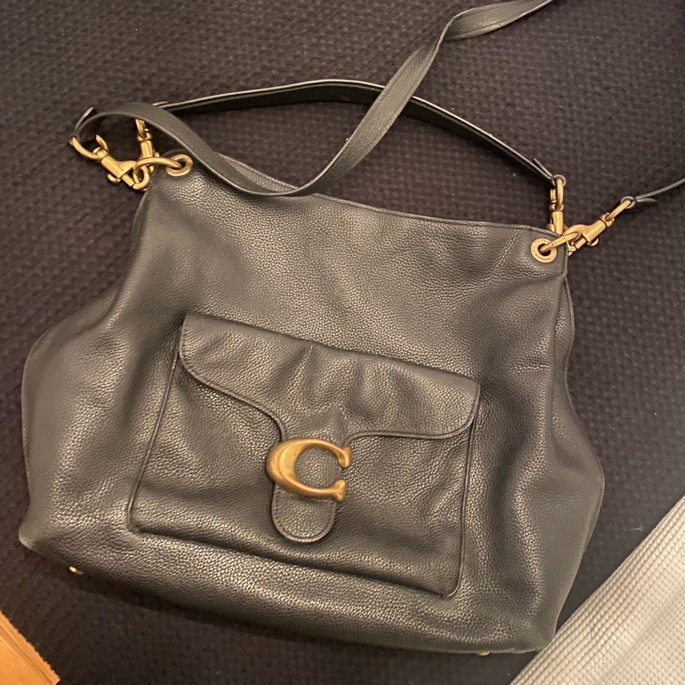 Coach Black Pebbled Leather Shoulder Bag with Brass 'C' Accent